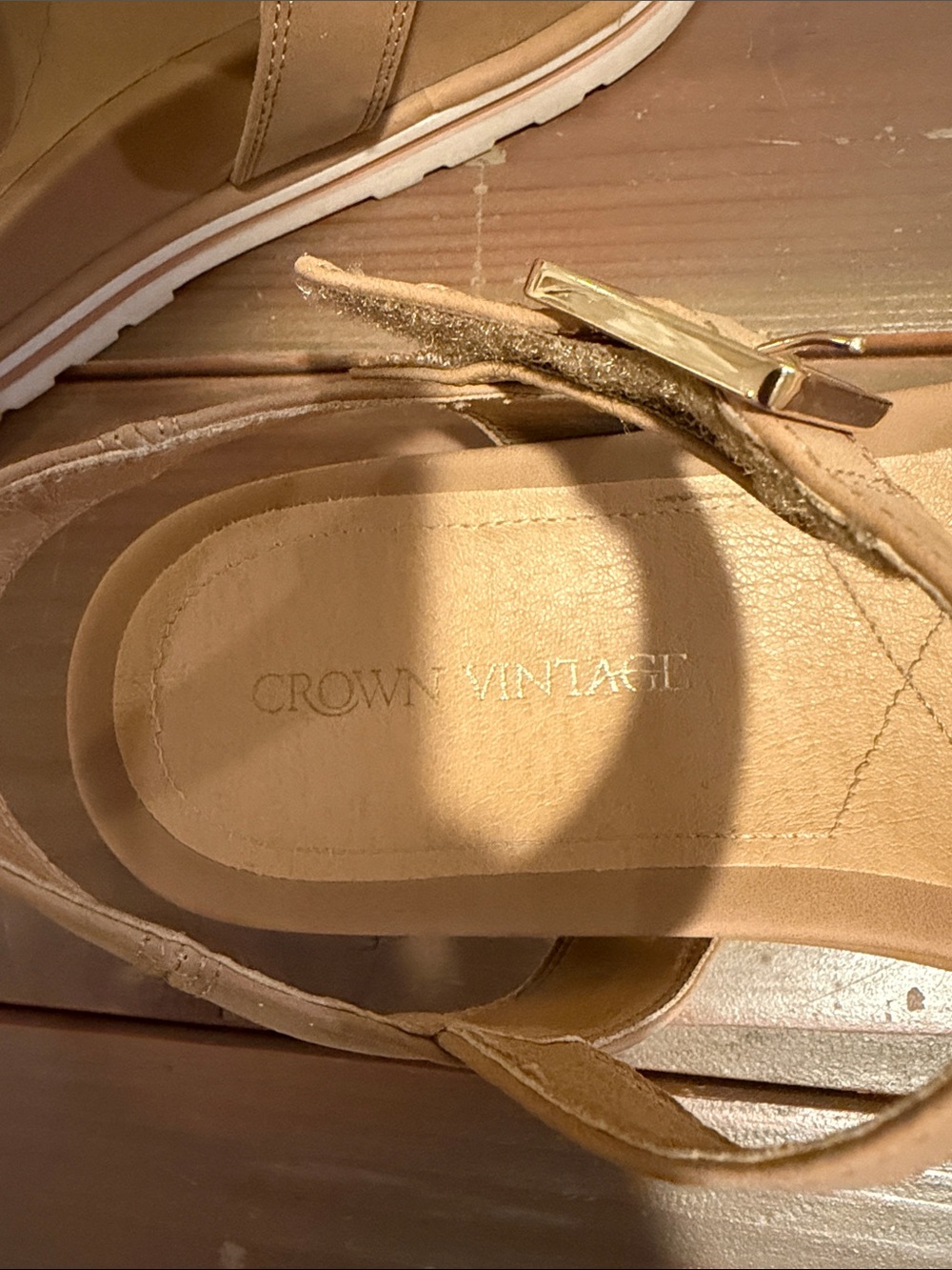 Crown Vintage Tan T-Strap Ankle Buckle Sandals - Picture 2 of 5
